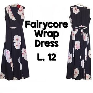 Maxi Wrap Dress Floral Sheer Overlay Navy blue pink fit & flare fairycore LG